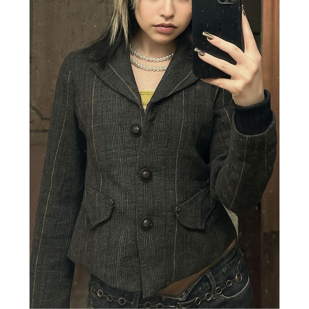 Vintage Y2K "Forever" Women's Grey Green Pinstripe Wool Button Blazer sz S Prepp